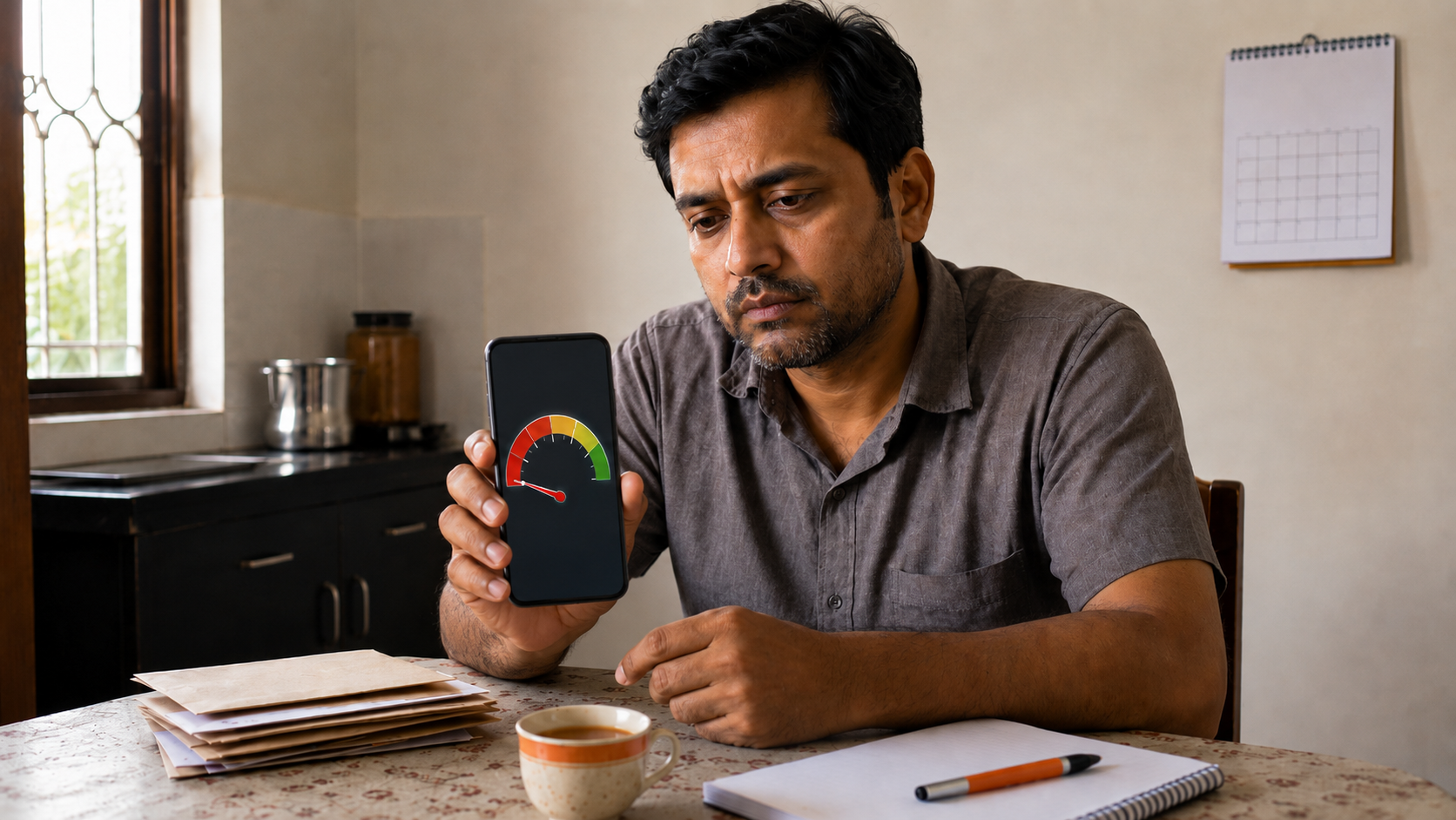 Indian man checking a very low credit score on his phone while sitting at a kitchen table with bank envelopes and a notepad.