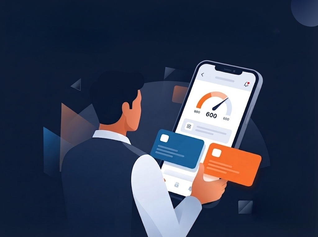 Flat-design illustration of an Indian borrower checking a 600 CIBIL score on a phone screen while reviewing loan app options.
