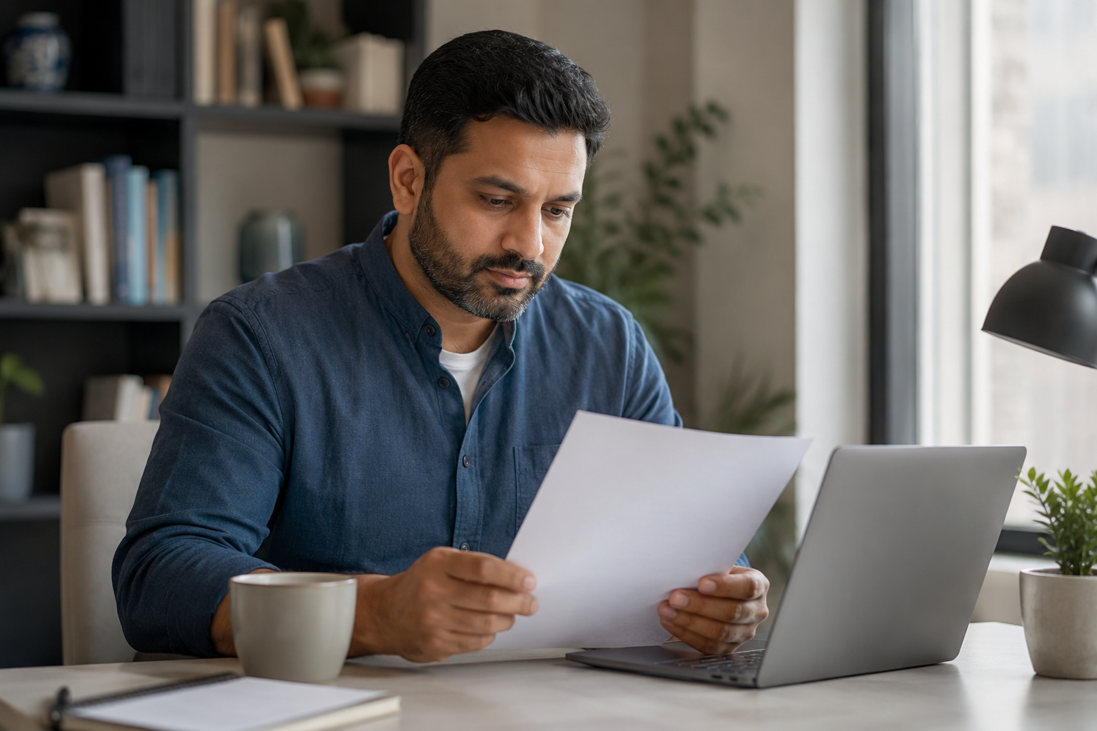 Indian man reviewing a legal notice document at a home desk with a laptop and cup of chai nearby, in a calm and professional setting.