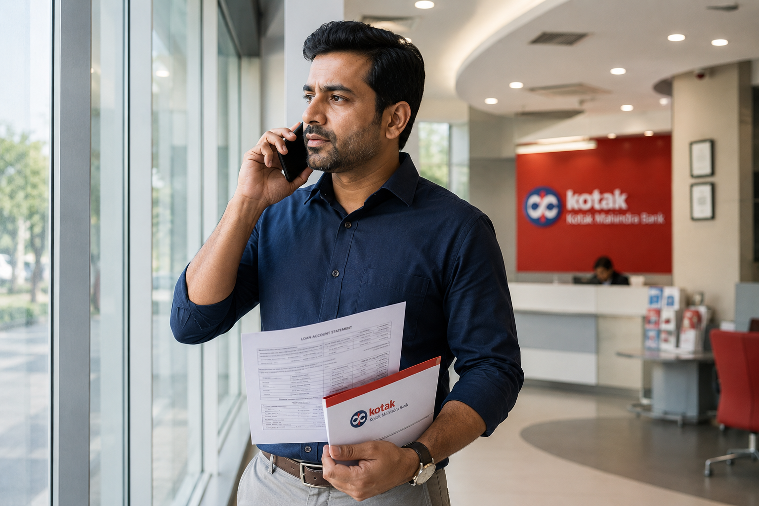 Indian man speaking on the phone inside a Kotak Mahindra Bank branch while holding loan settlement documents.