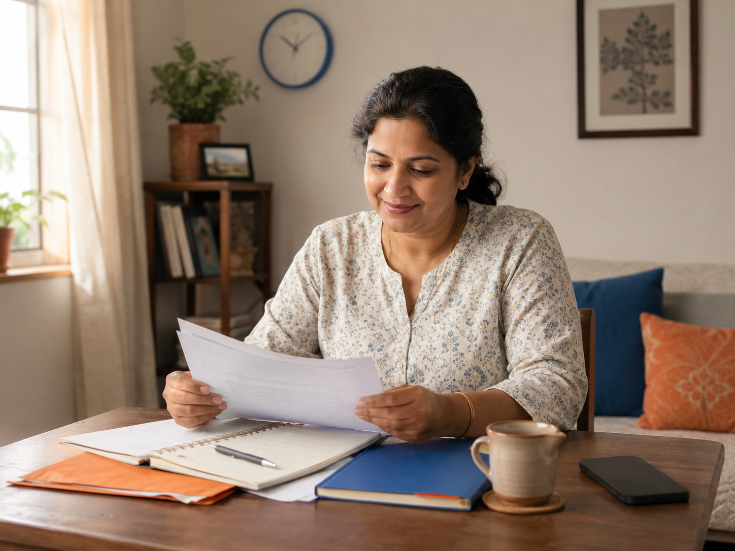 Indian woman calmly reviewing bank documents at home with a cup of chai nearby.