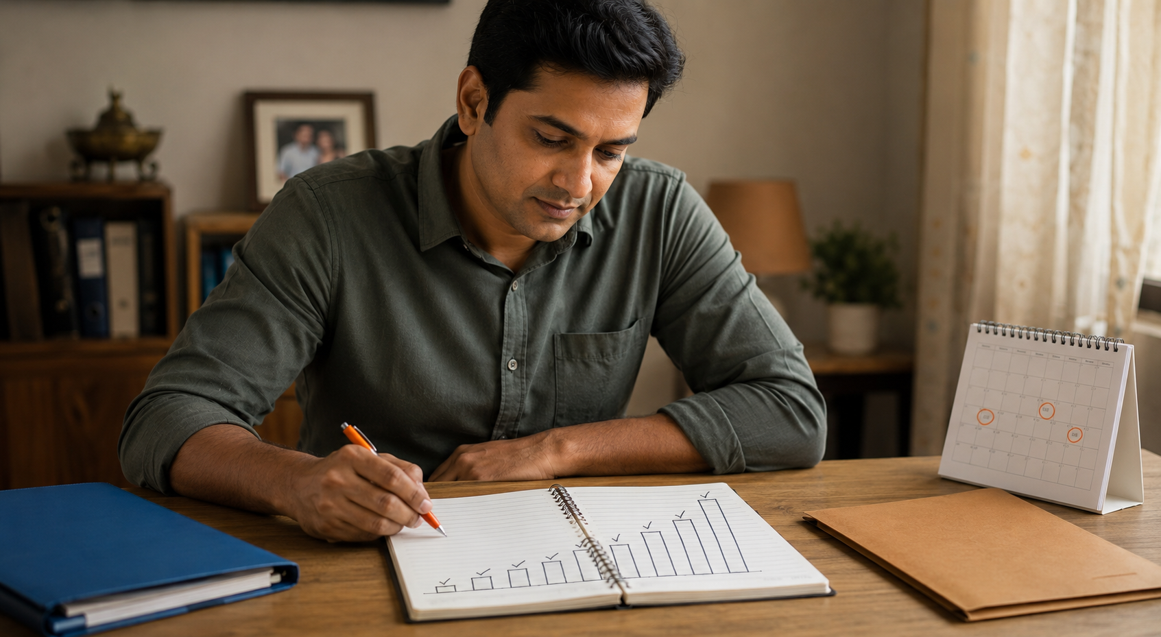 Indian man reviewing a step-by-step progress chart in a notebook at a home desk, with a calendar and file folder beside him, focused on long-term financial recovery.