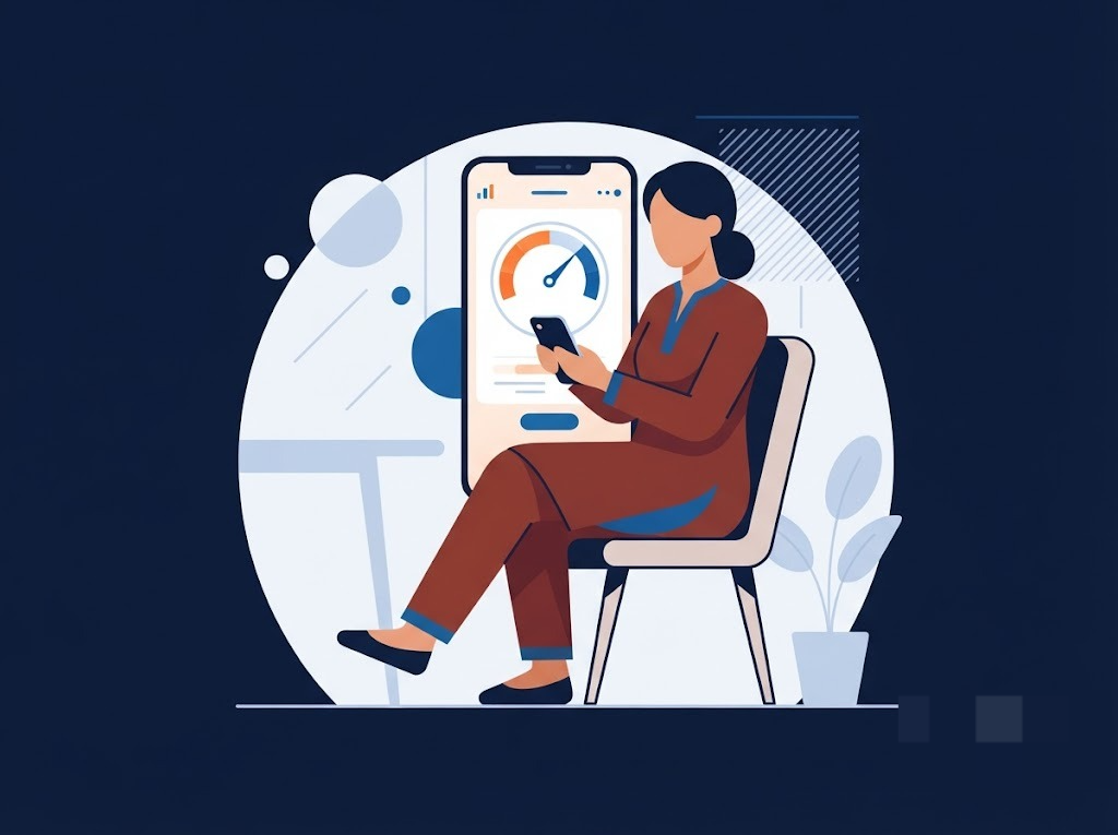 Flat-design illustration of an Indian borrower looking at a low CIBIL score reading on a screen