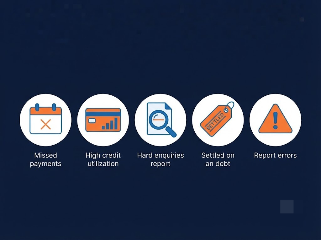 Flat-design diagram showing five causes of a low CIBIL score including missed payments and high utilisation
