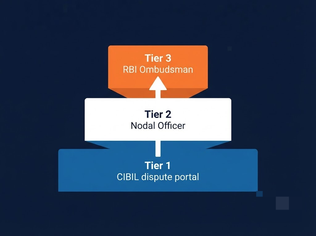 Flat-design illustration showing three CIBIL complaint escalation levels stacked upward: CIBIL dispute portal, nodal officer, and RBI Ombudsman