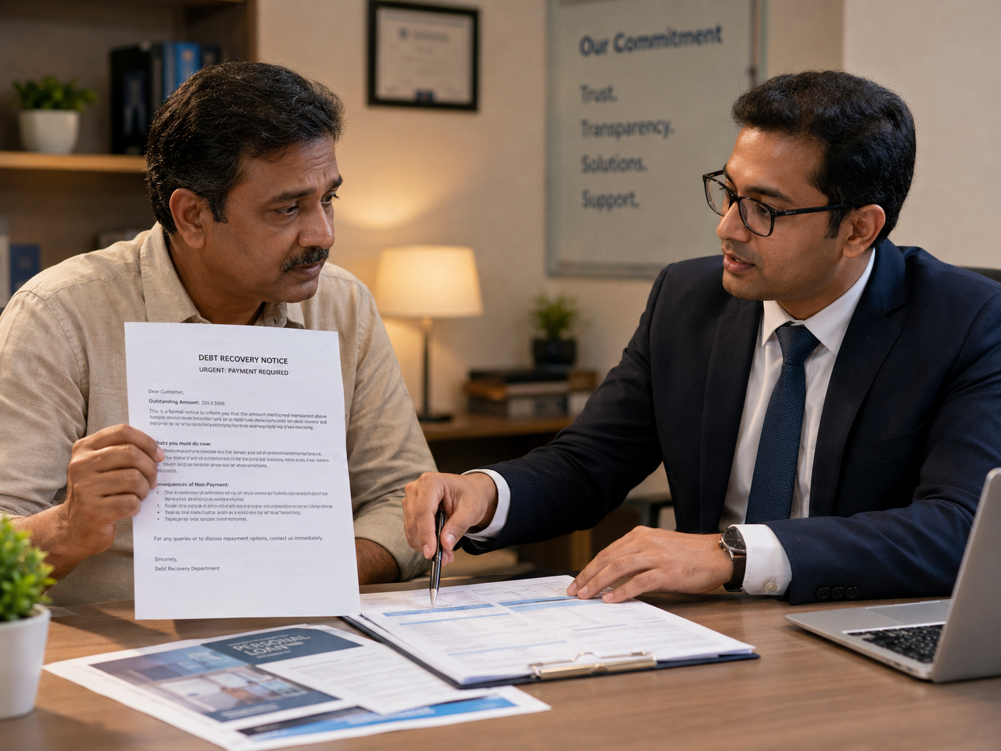 Indian borrower showing a debt recovery notice to a financial advisor, who explains key document sections in a warm professional office setting.