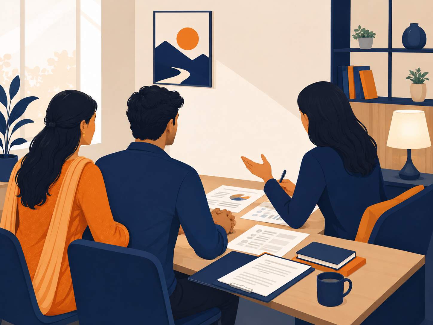 Indian couple discussing debt relief options with counsellor, hopeful illustration