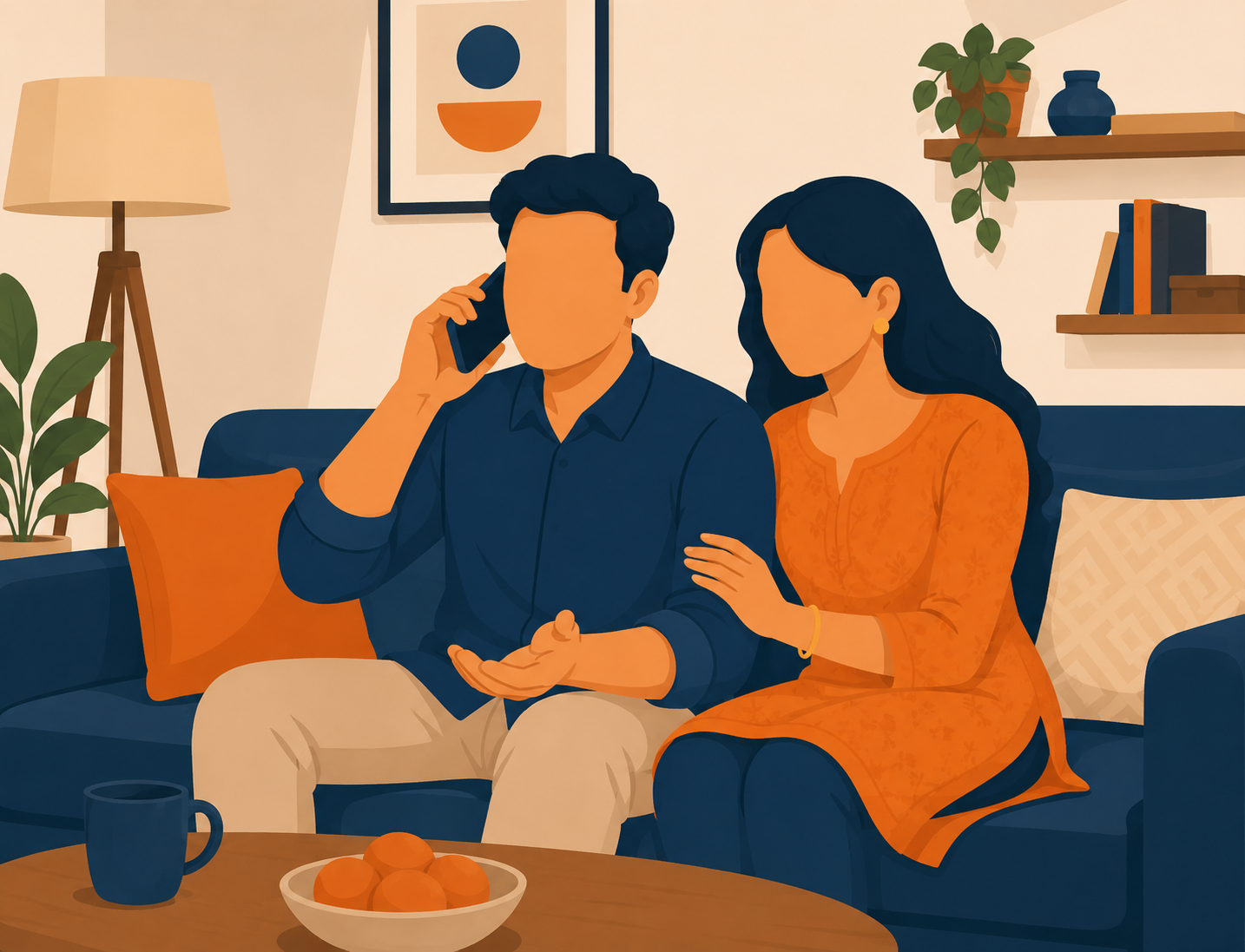 Indian couple on a call together with a FREED counsellor about joint debt