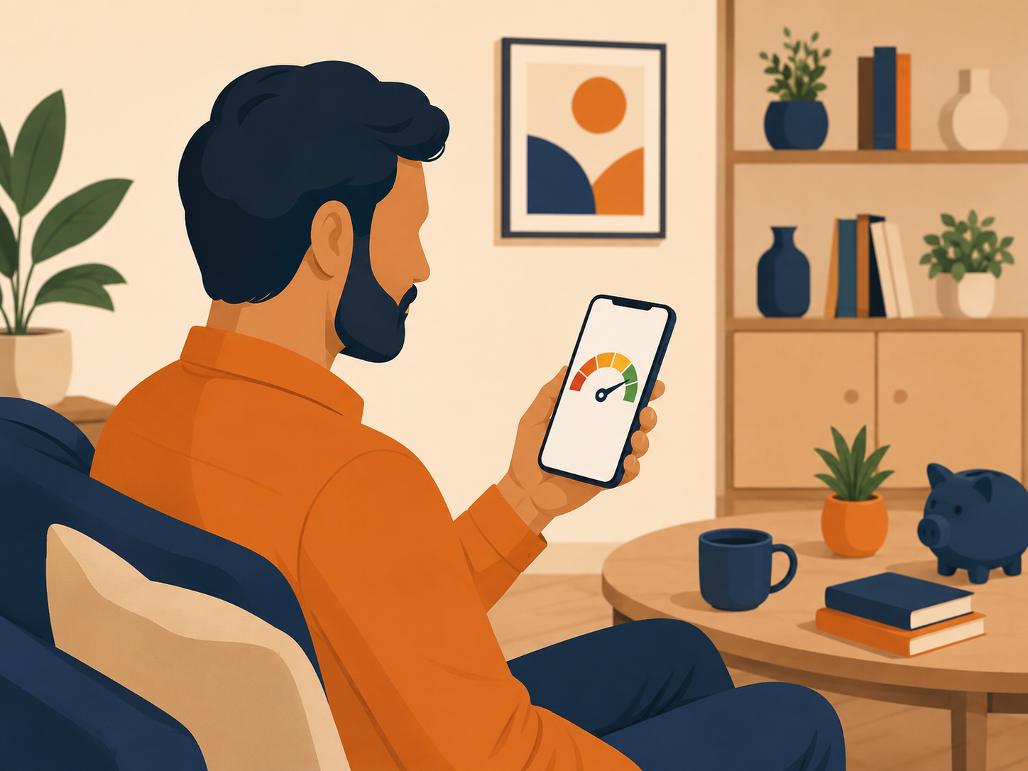 Flat-design illustration of an Indian man in his 30s checking a credit score