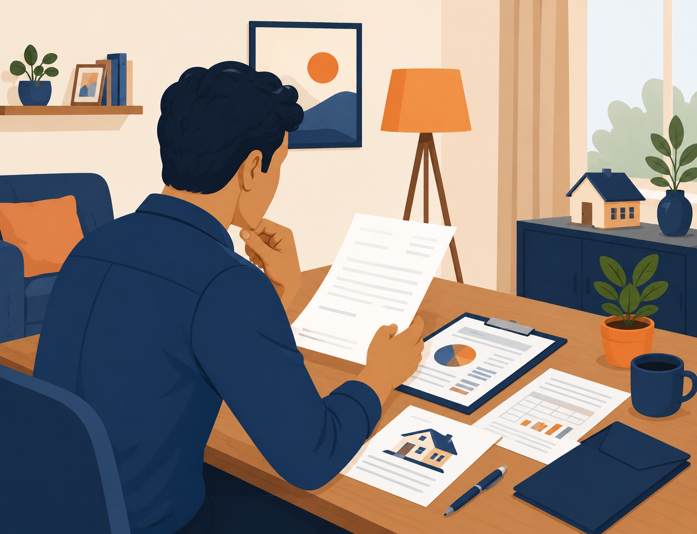 Indian man reviewing loan documents at a table in a warm home setting, illustrated in orange and navy tones.
