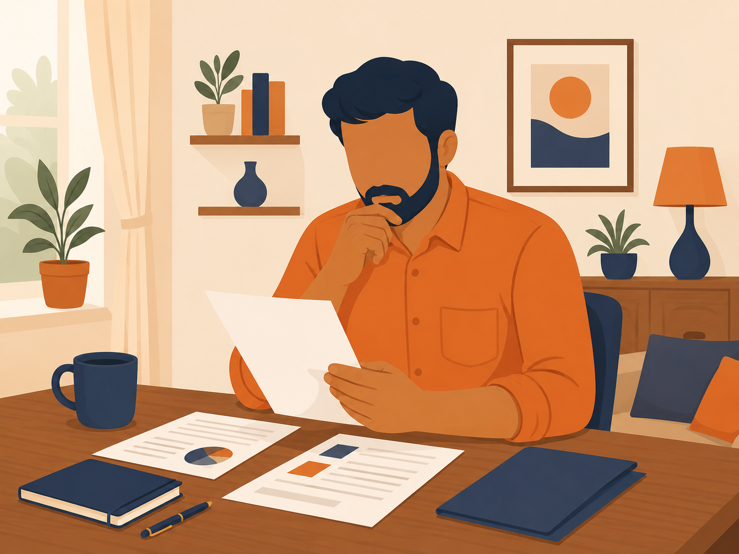 Indian man reviewing ICICI loan restructuring documents at home