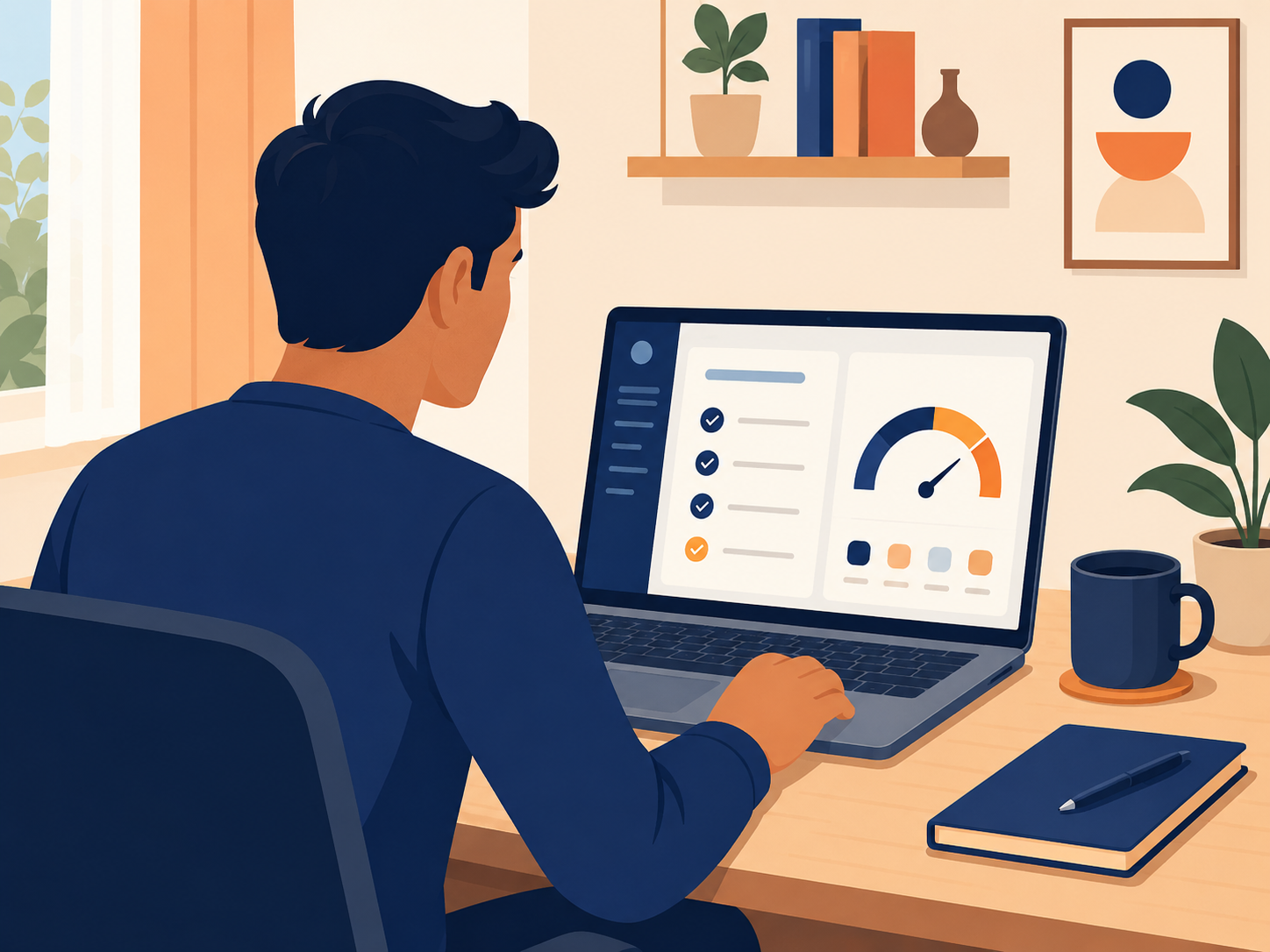 Indian man reviewing credit health recommendations dashboard on laptop