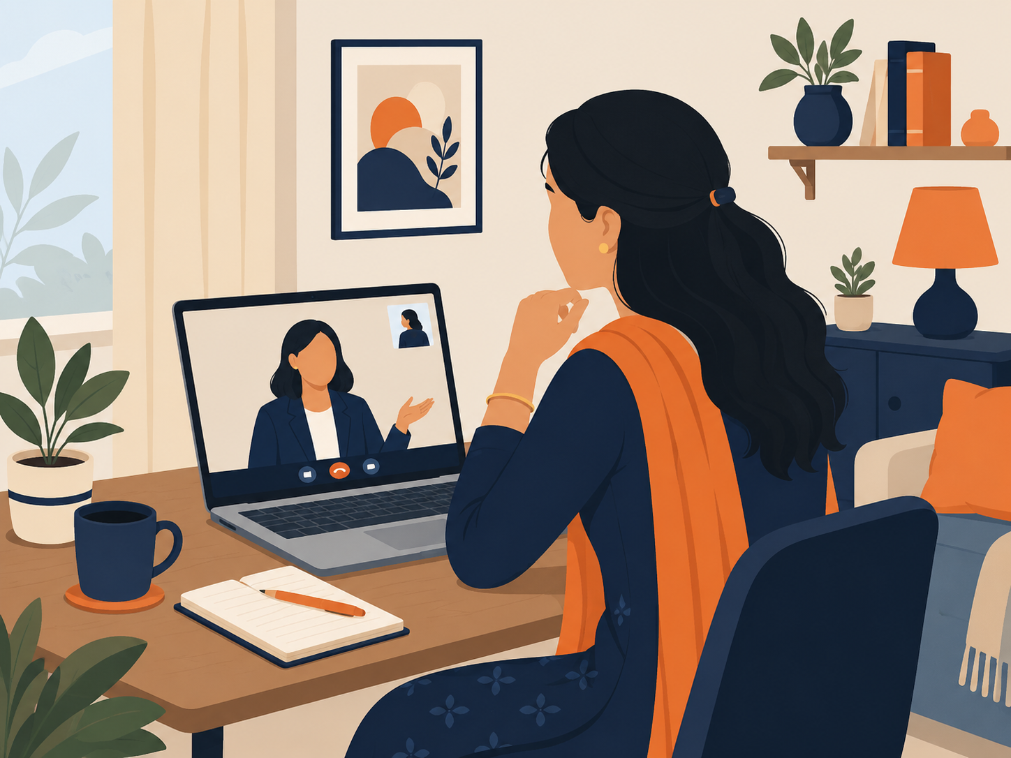 Indian woman on video call receiving free debt counselling from home