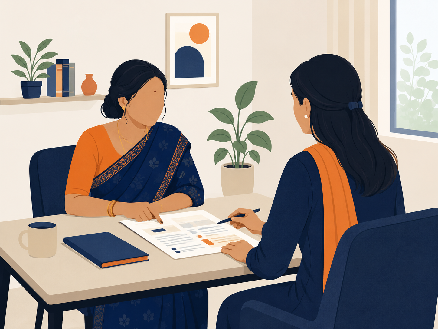Indian woman reviewing debt counseling assessment worksheet with counsellor