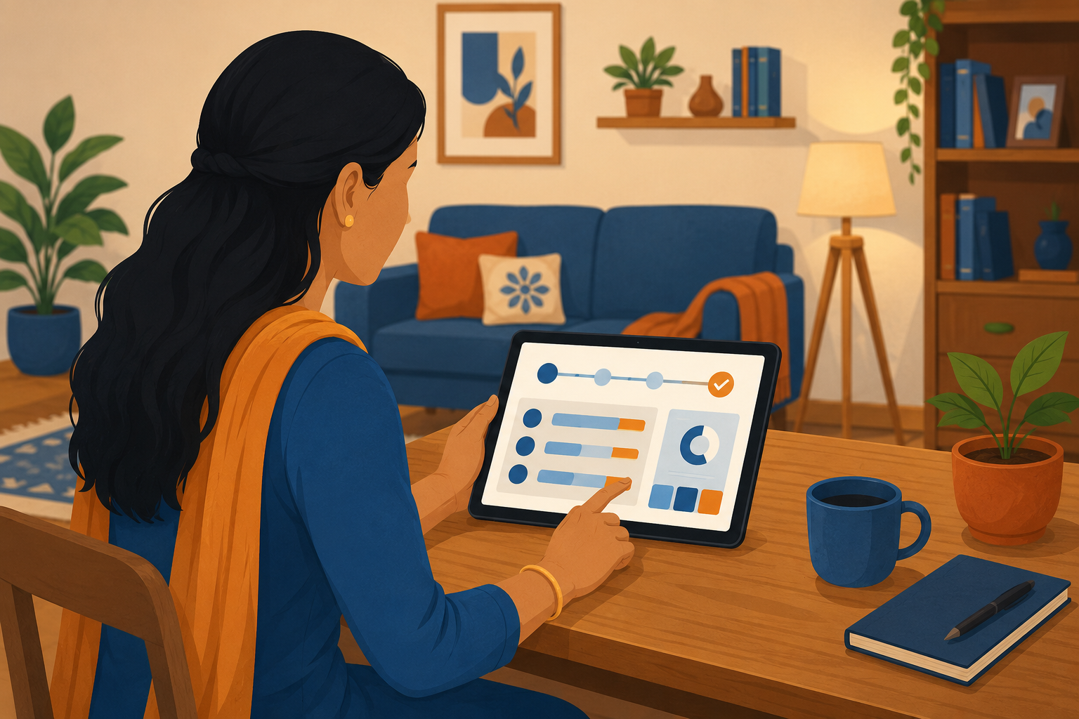 Indian woman reviewing debt consolidation option on tablet as an alternative to a new loan