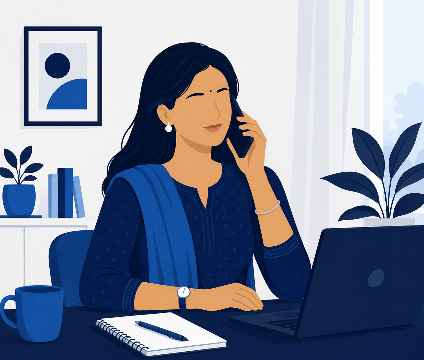 Indian woman on a confident call with a debt counsellor