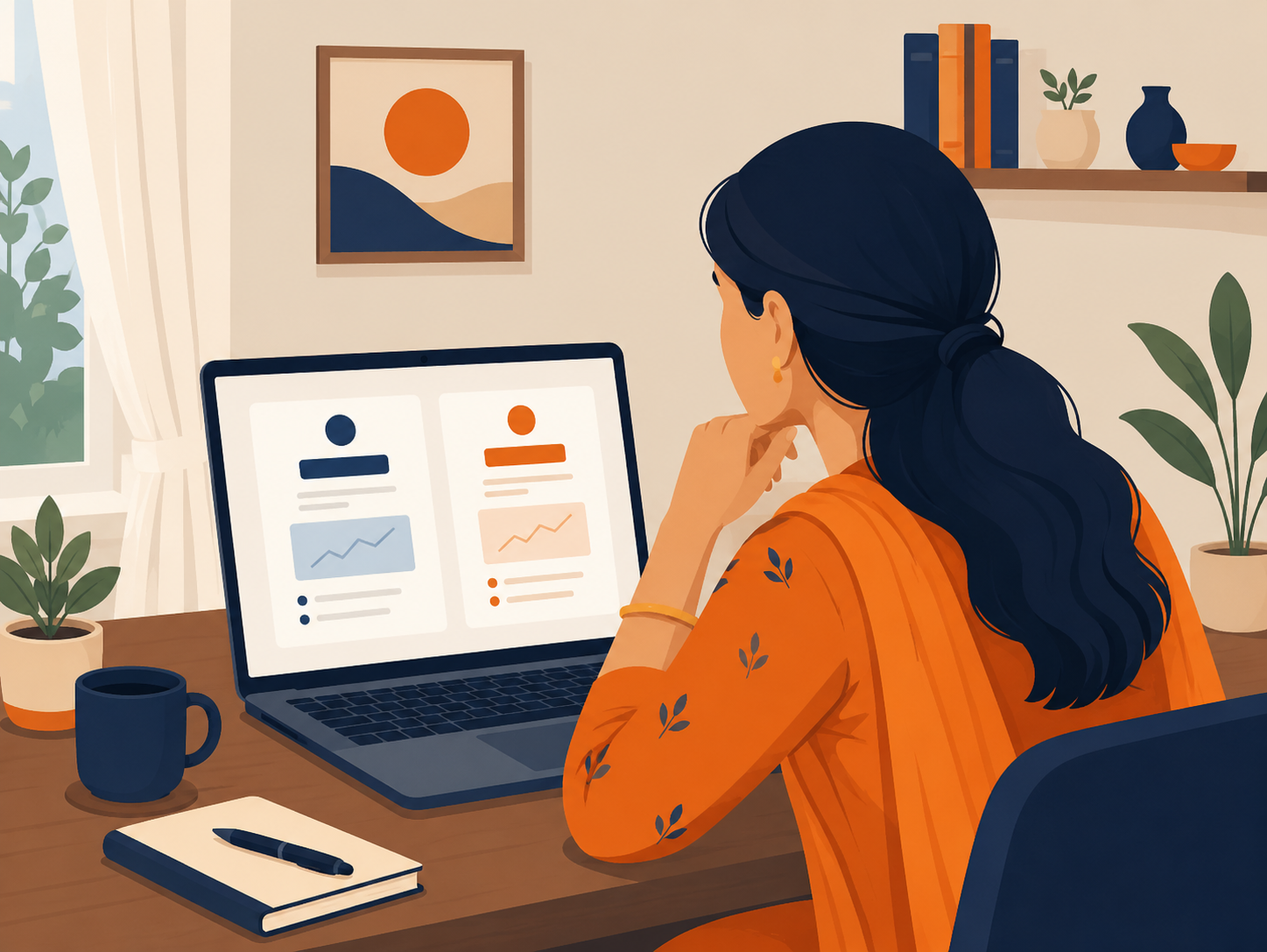 Indian woman comparing debt counselling service options on a laptop