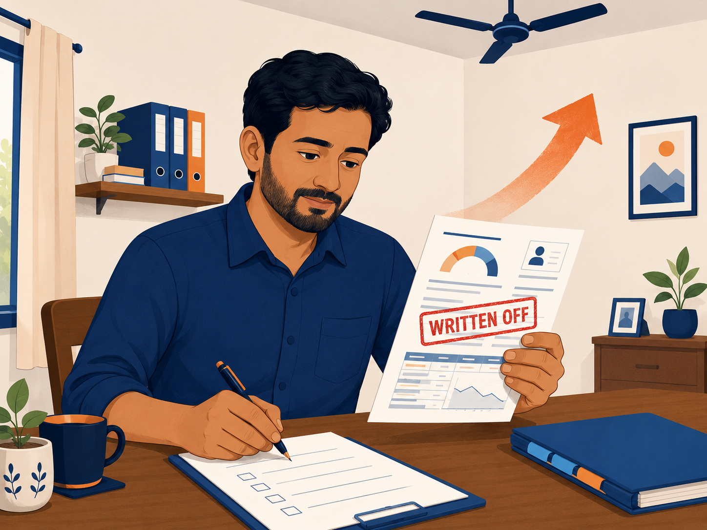Flat illustration of a calm Indian man studying a credit report with a “Written Off” mark while preparing a checklist, showing the idea of taking practical steps toward credit recovery.
