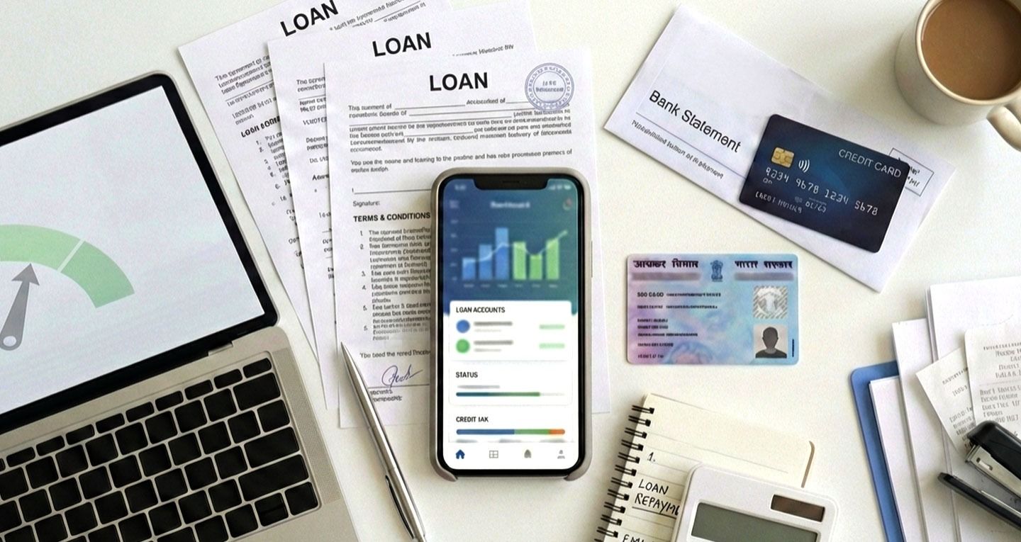 Desk showing loan documents, laptop, mobile finance app, credit card, and ID card, representing digital loan management and credit planning.