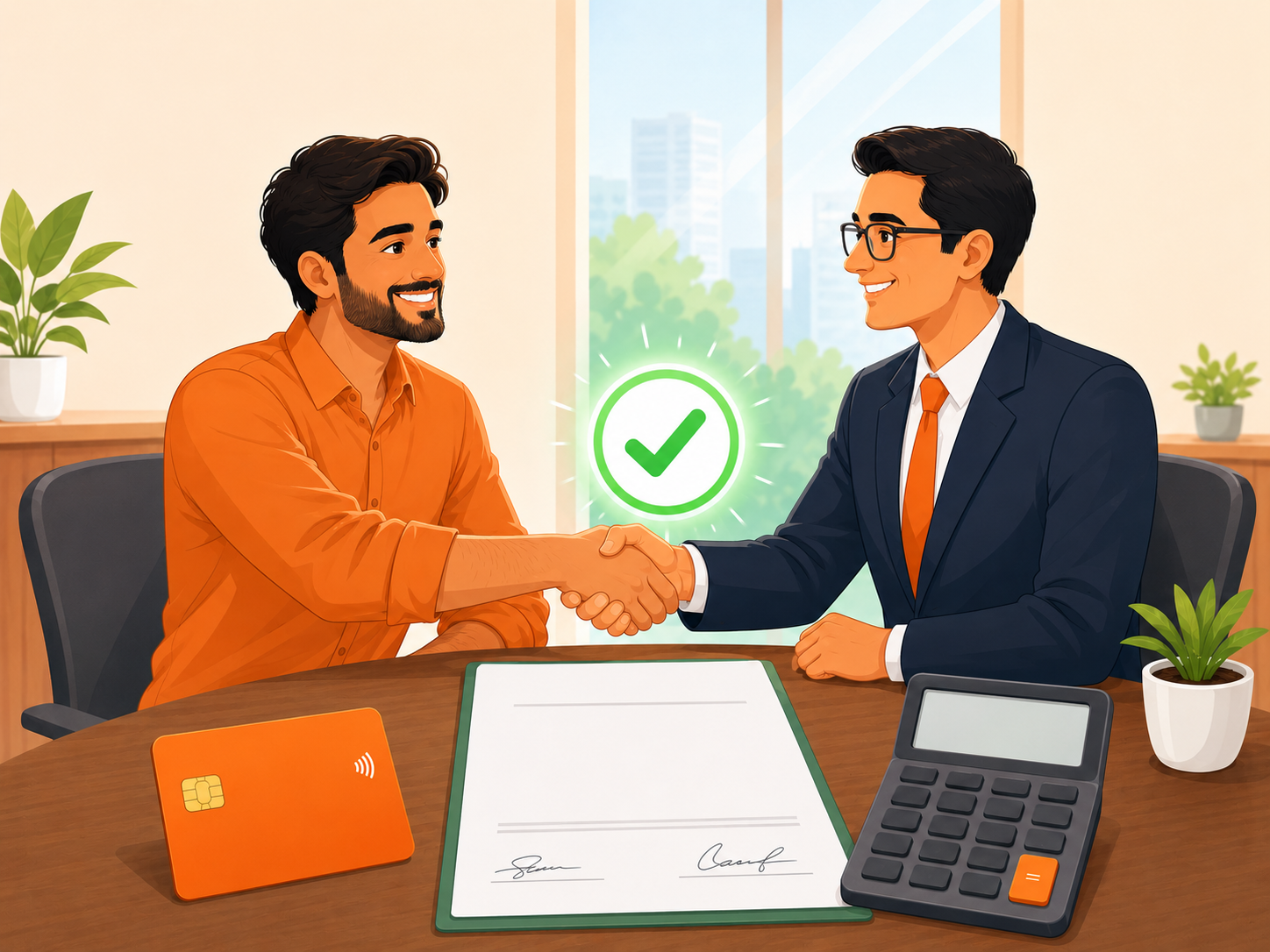 Indian customer and bank representative shaking hands across a desk with a green approval checkmark, symbolizing a successful debt settlement agreement.