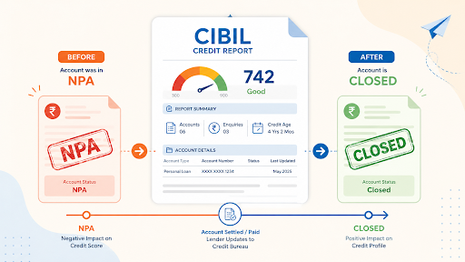 Visual guide of a credit report updating from NPA to closed status, reflecting positive impact on CIBIL score.