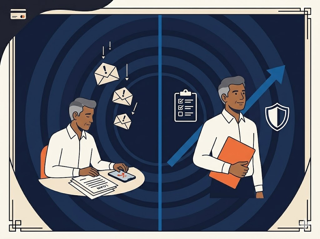 Borrower moves from debt stress and notices to financial recovery, shown with documents, a shield, checklist, and upward arrow.