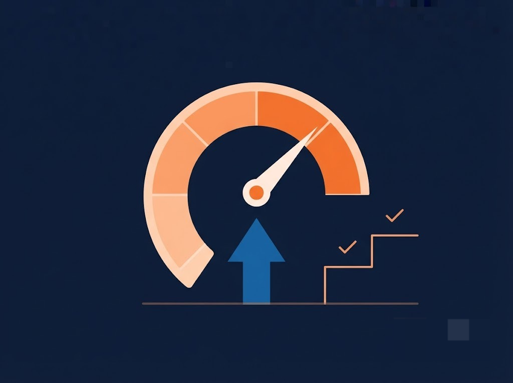Flat-design illustration showing a CIBIL score dial moving upward, representing score improvement steps for Indian borrowers