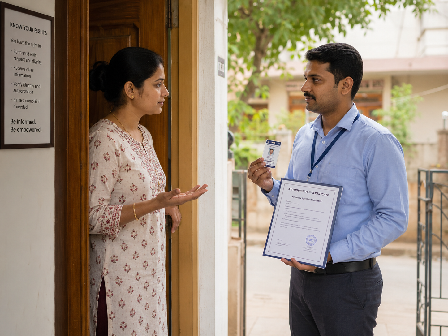 Indian borrower calmly asks a recovery agent to show his ID and authorization certificate at the doorstep, highlighting borrower rights and verification awareness.