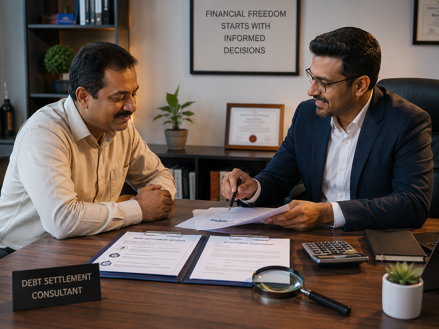 Indian borrower and debt settlement consultant reviewing documents together in a professional office, highlighting trust, guidance, and informed financial decisions.