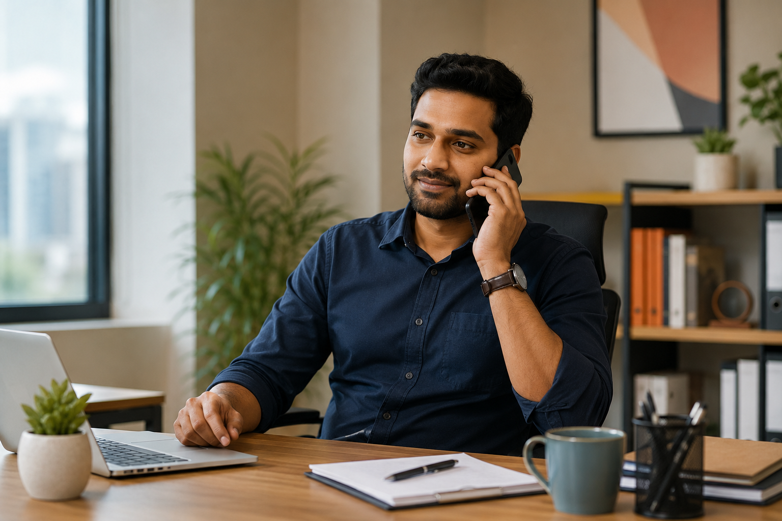 A payment recovery agent on a call, working at a desk in a professional office setting in India