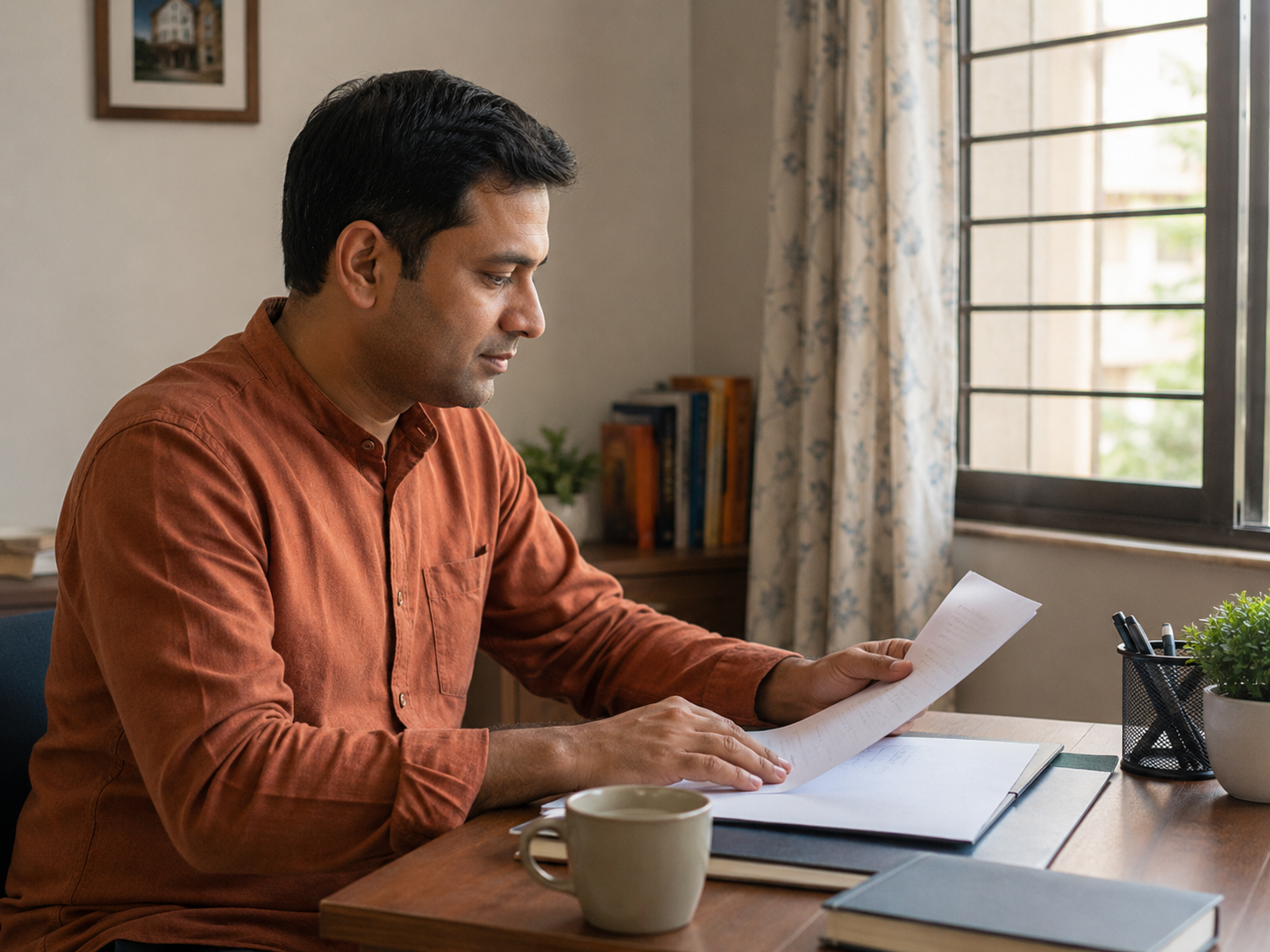 Indian man thoughtfully reading settlement documents at home in soft daylight.