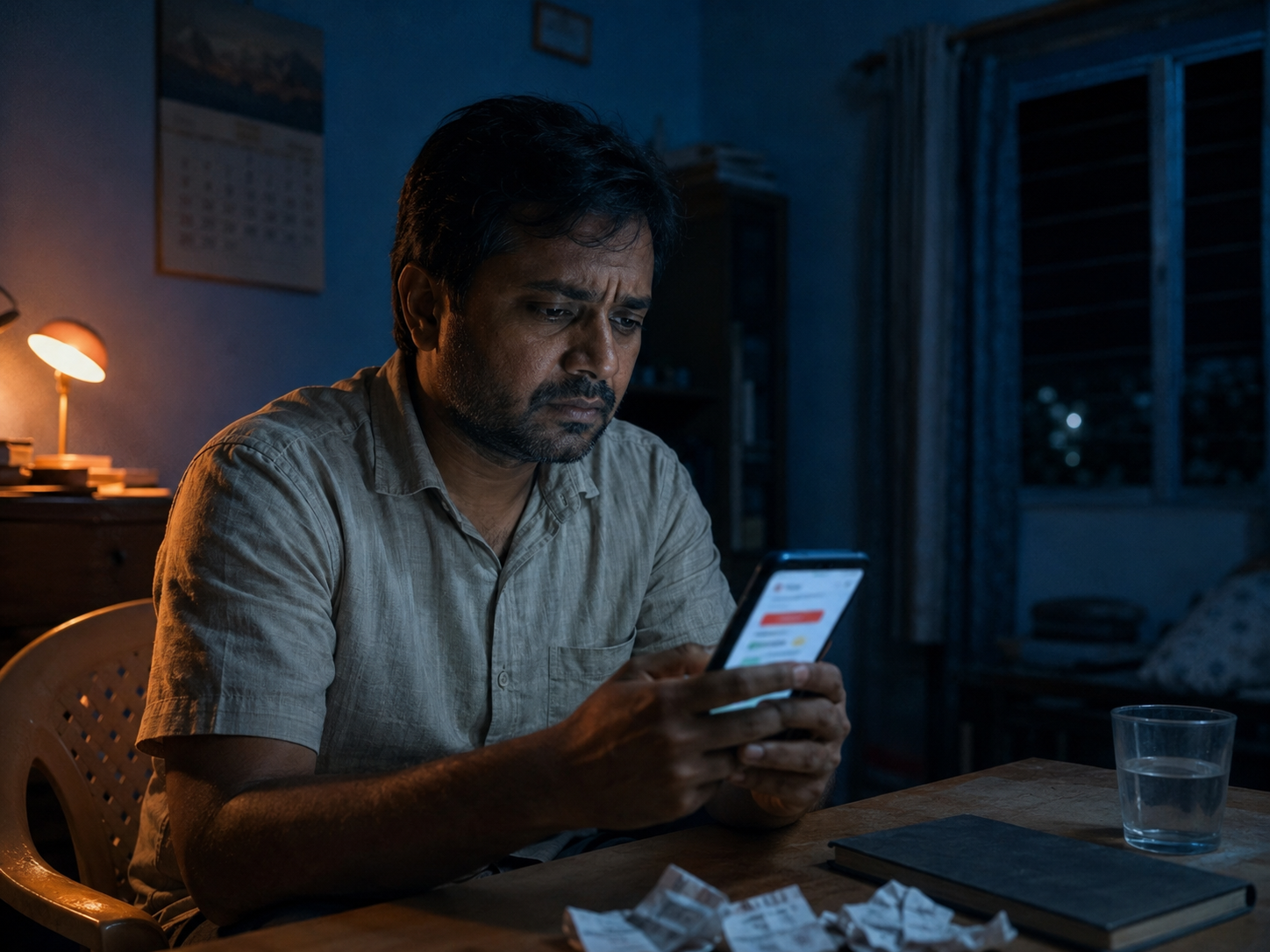 Man at home desk late at night, focused on his smartphone with receipts scattered on the table. Warm lamp light highlights his concentrated expression.