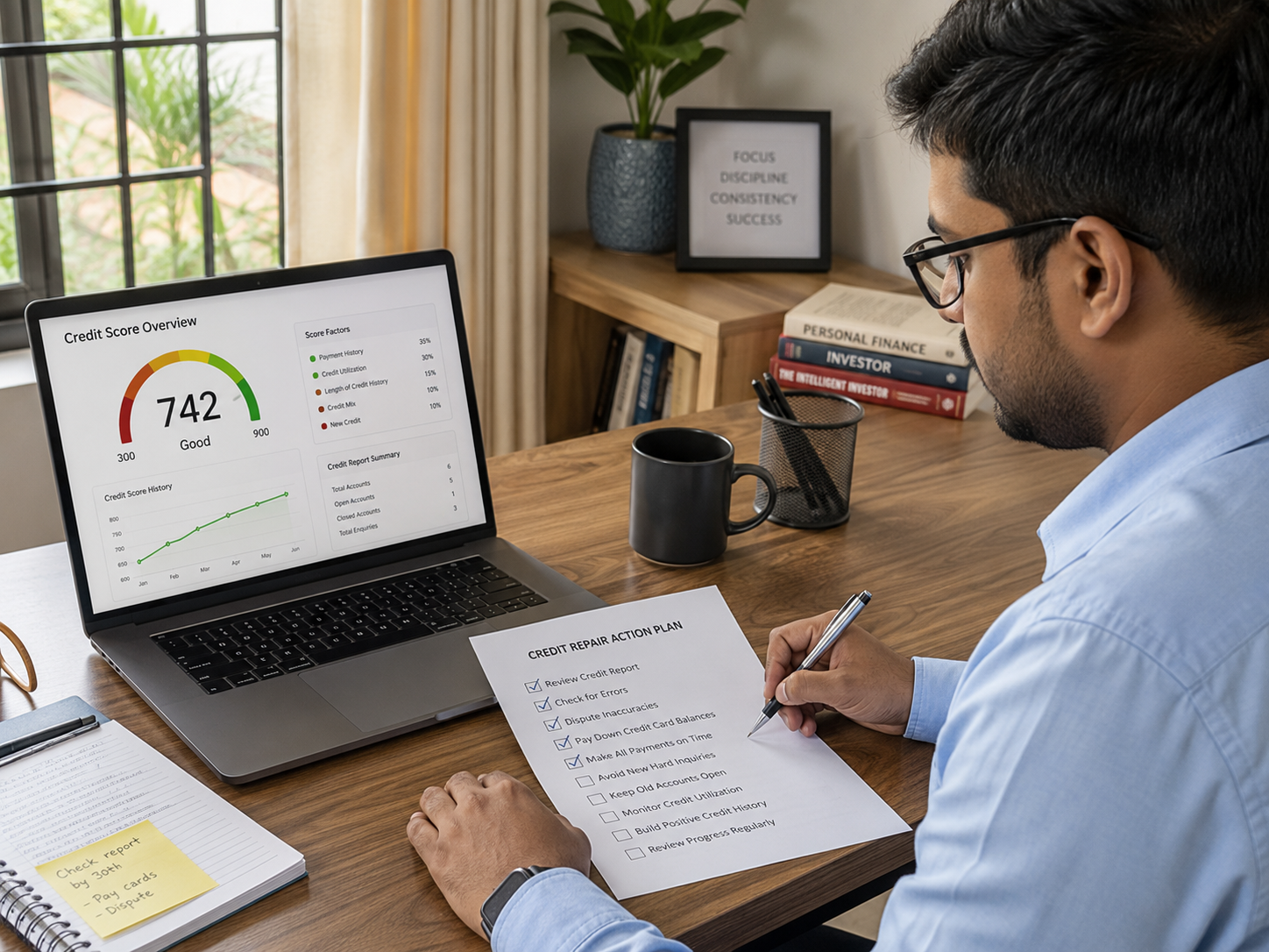 Indian man checking completed steps on a credit repair action plan while viewing a credit score overview dashboard on his laptop.