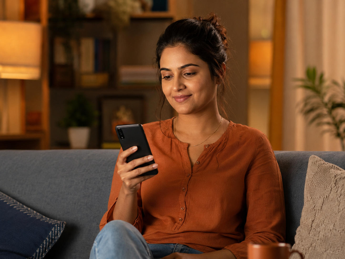 Indian woman sitting comfortably at home, looking at her phone with a hopeful smile.