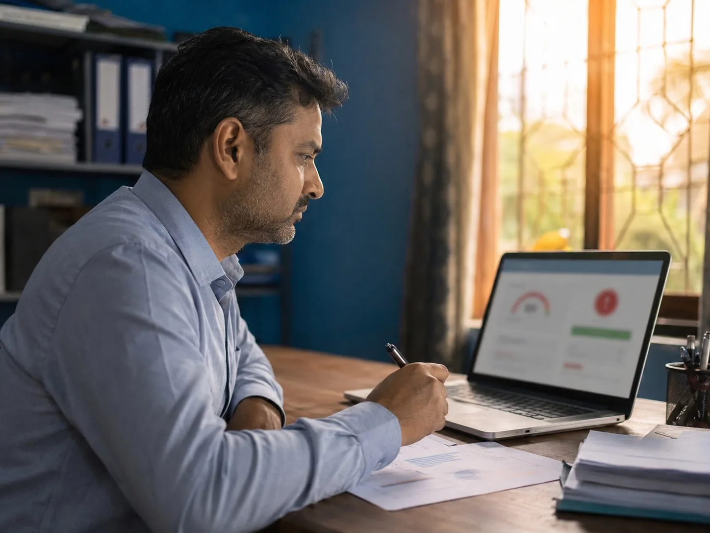Indian man in his 30s reviewing two bank statements at a home desk, holding a pen, with a laptop in the background. Warm natural light illuminates the focused workspace.