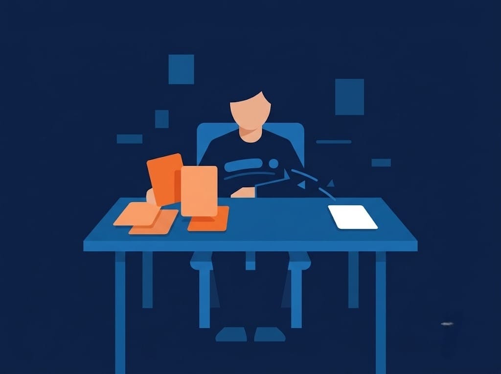 credit-card-debt-india.webp Illustration of a person organizing multiple loan and credit card payments while managing debt repayment.