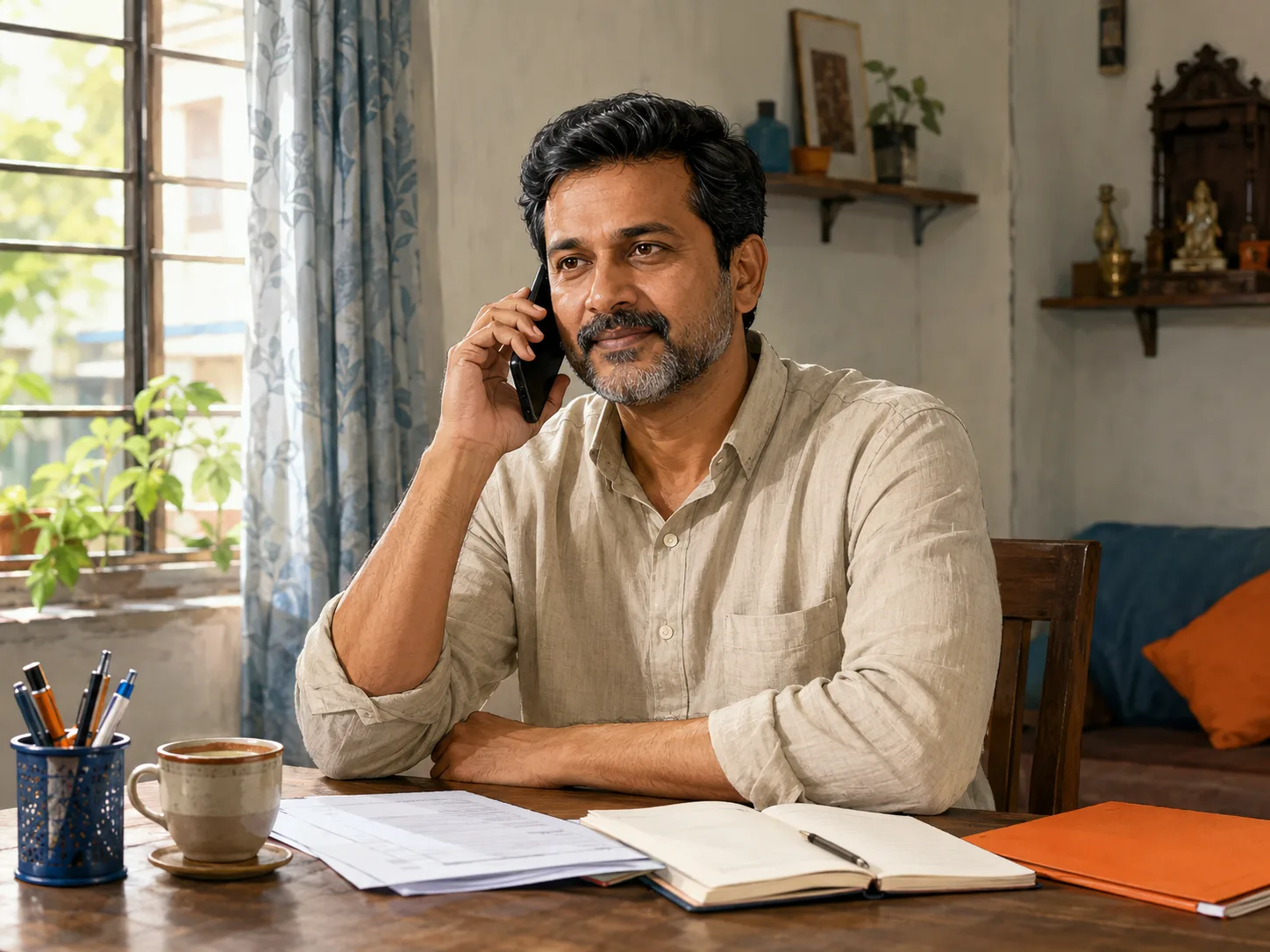 Indian man having a calm phone conversation at home with documents and chai on the table.