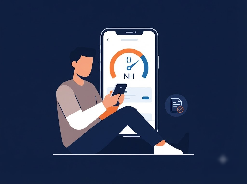 Flat-design illustration of a first-time borrower in India reviewing a loan app on a phone, with a credit score dial showing zero or NH
