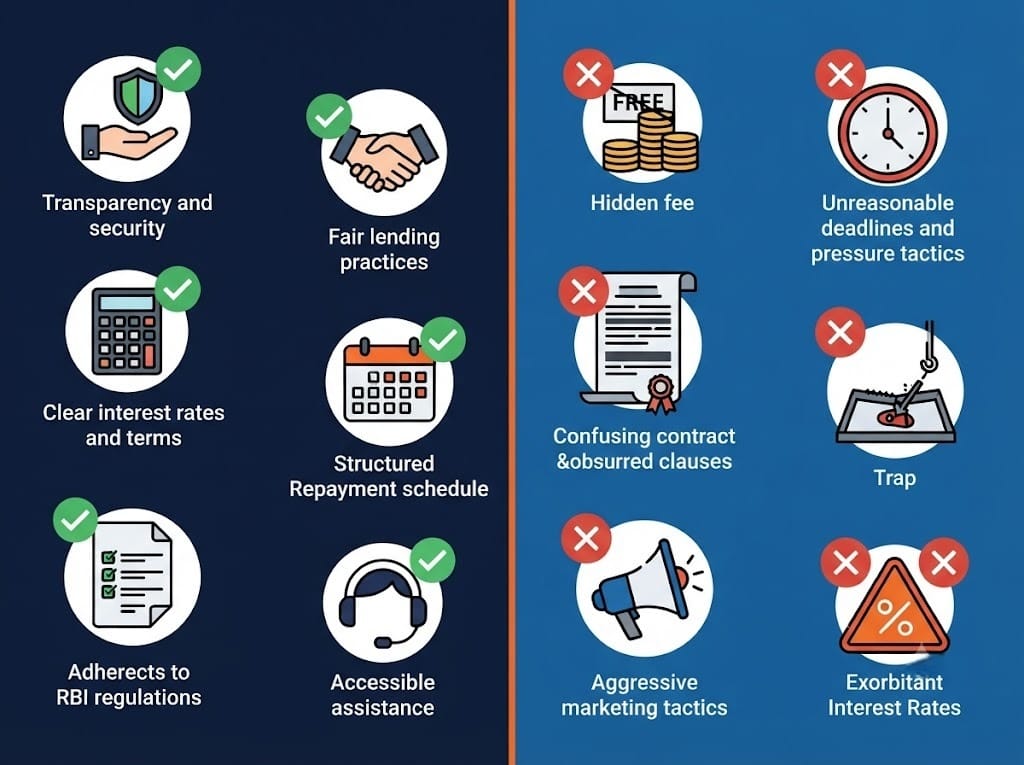 Flat-design checklist comparing a safe RBI-registered loan app versus a predatory app for zero CIBIL borrowers