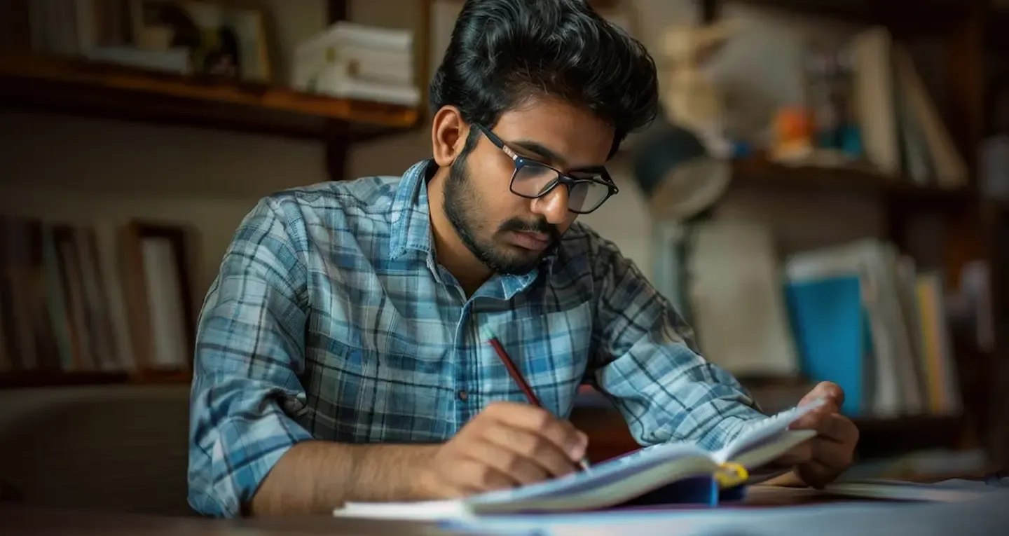Man reviewing financial notes and writing in a notebook, representing budgeting, expense tracking, and personal finance planning.