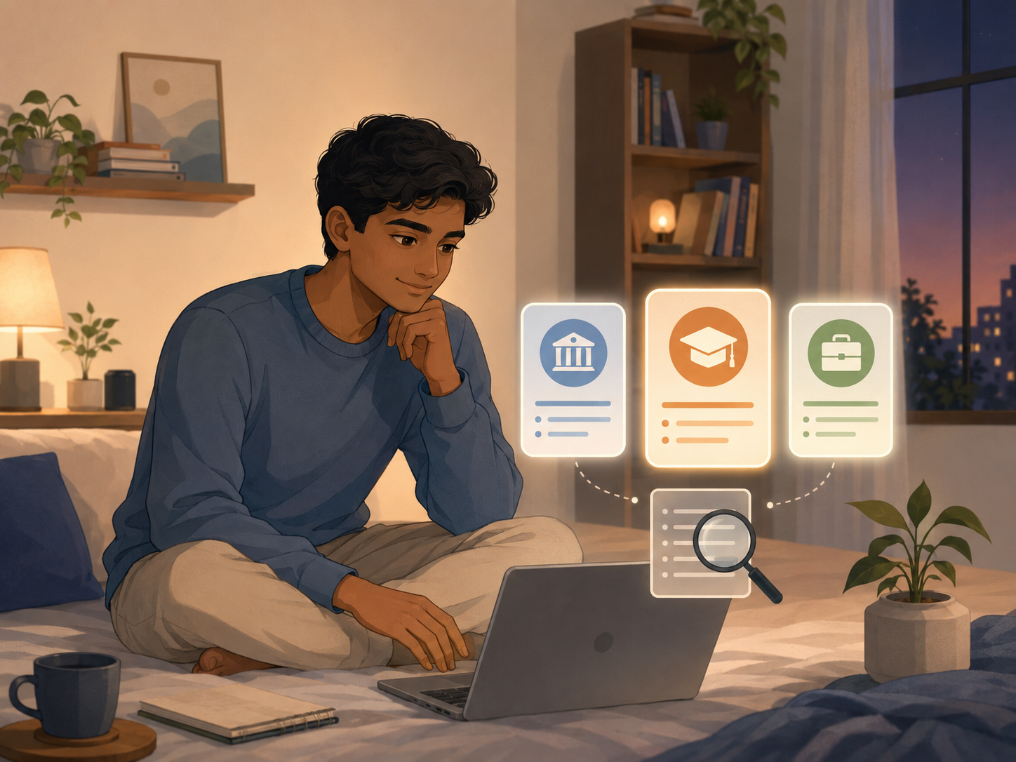 Young Indian man peacefully researching choices on his laptop in a warm bedroom.