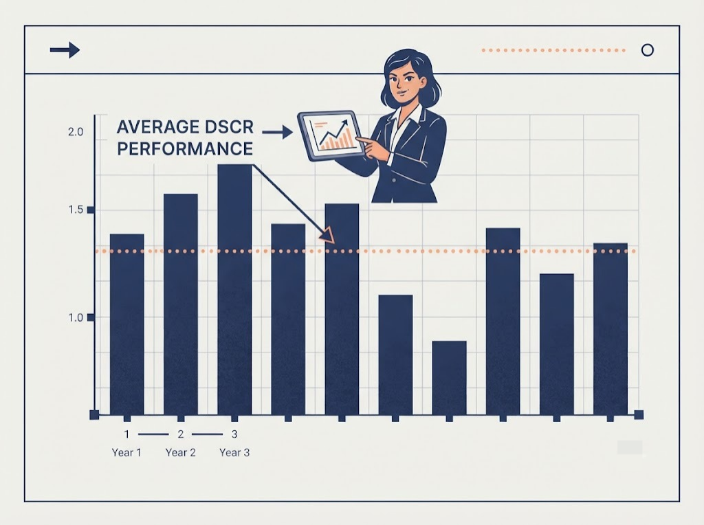Chart comparing Average DSCR across a loan term against the weakest single year's Minimum DSCR