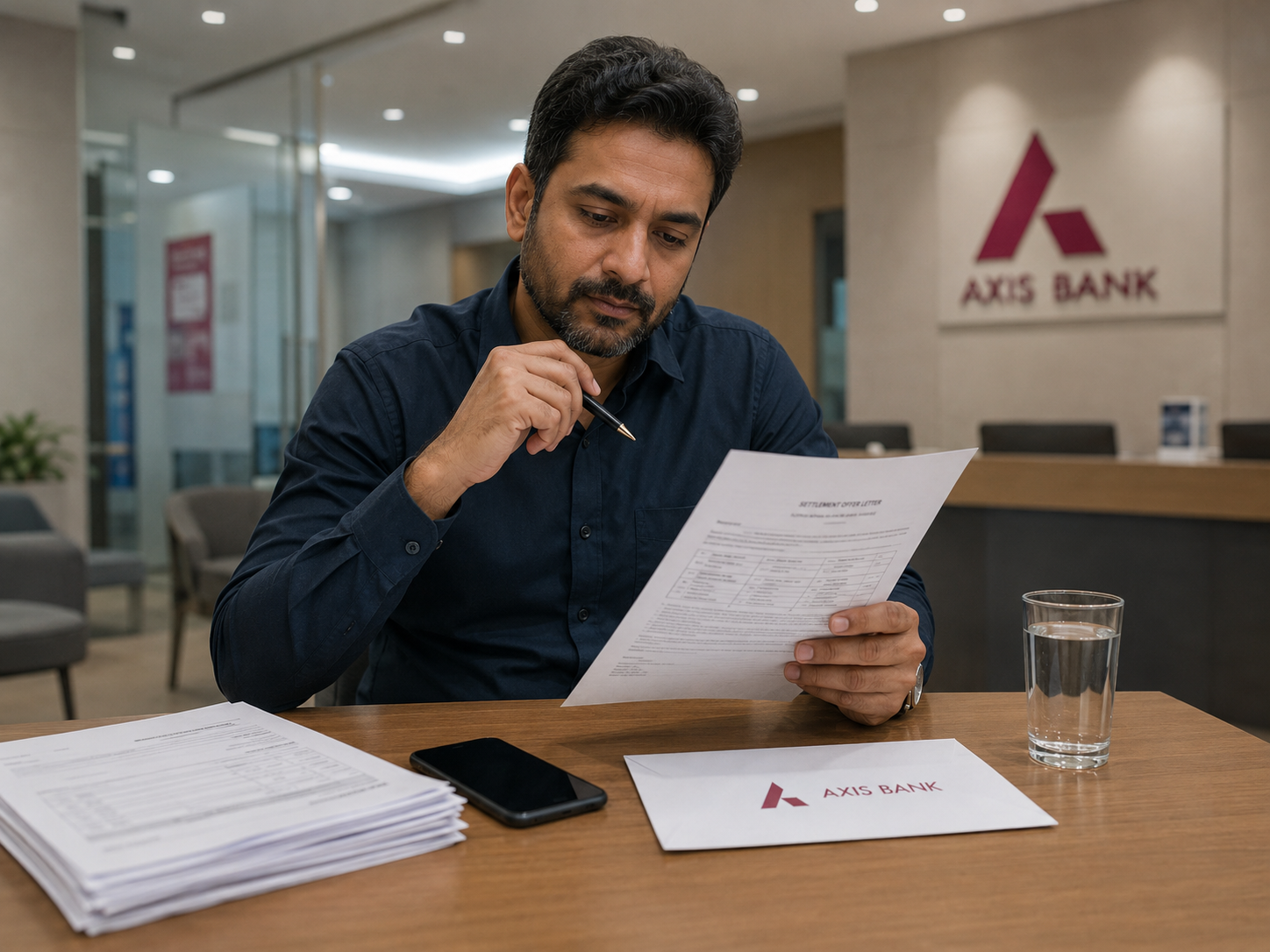 Indian man reviewing an Axis Bank loan settlement offer letter in a bank meeting room before signing.