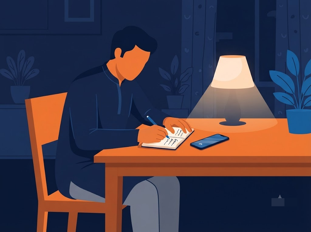 Indian borrower at home noting down Bajaj Finance recovery agent call details to prepare a complaint