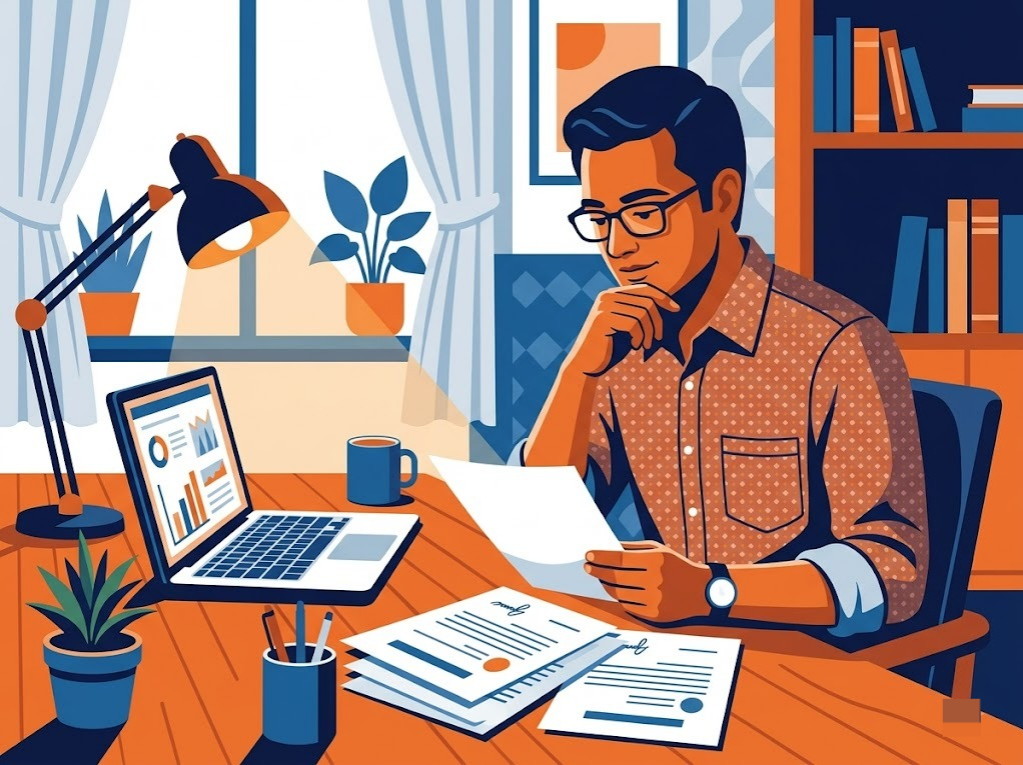 Indian borrower calmly reviewing Bajaj Finserv loan settlement paperwork at a home desk.
