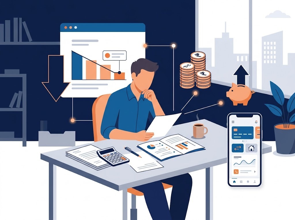 Borrower reviewing loan settlement documents and outstanding balance at a desk