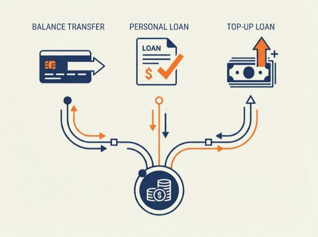 Three paths illustration representing balance transfer, personal loan, and top-up loan
