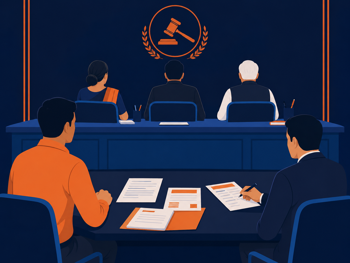 Flat illustration of a borrower and bank representative seated before a Lok Adalat panel for a bank loan settlement discussion.