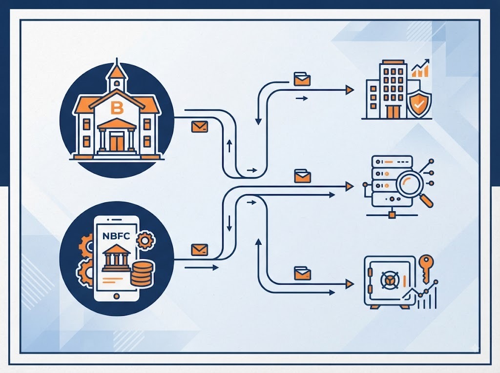 Illustration showing banks and NBFCs checking different credit bureaus
