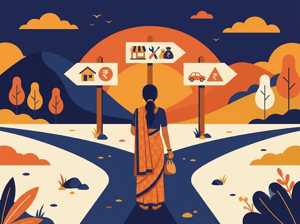 Indian borrower choosing between loan options at a decision point